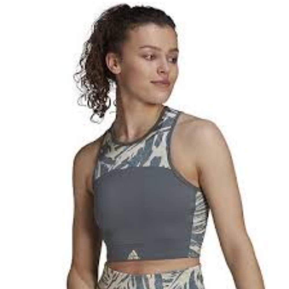 Adidas aeroready prime green sport bra with zebra print in the chest and back si